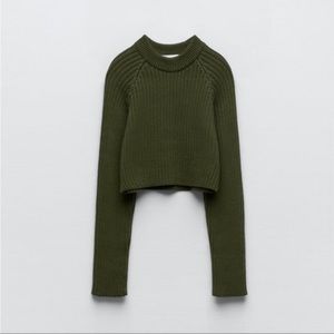 NWT Zara raglan sleeve cropped rib knit sweater green dark khaki LARGE